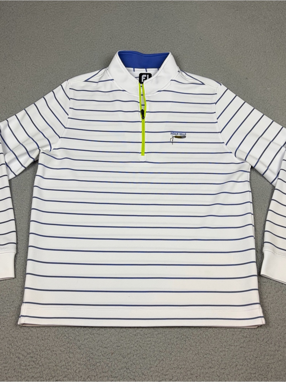 FootJoy White Stripe Quarter-Zip Sweater with Blue and Neon Yellow Accents Golf